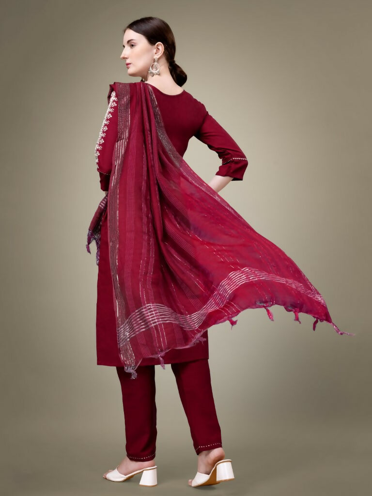 Jyoti Fashion Women's Maroon Cotton Blend Embroidery & Sequence work Kurta with Trouser & Dupatta | Swadesiicart