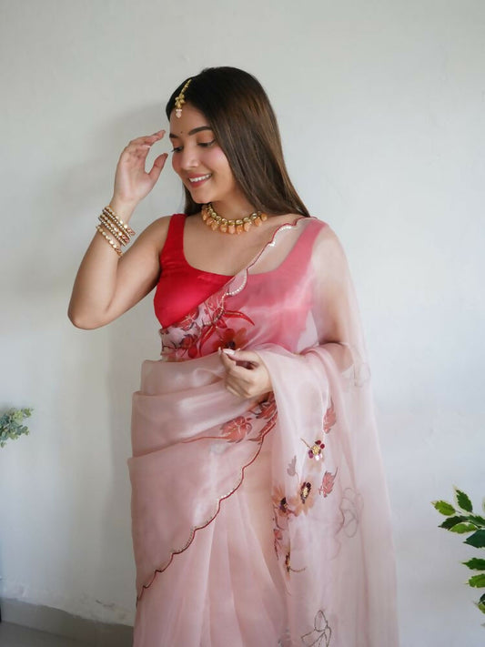 Vamsee Mudra Peach Organza Saree - Swadesiicart