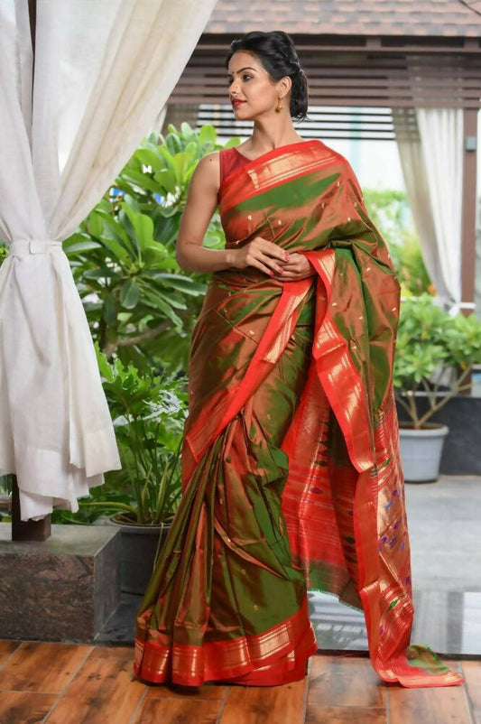 Very Much Indian Pure Silk Yeola Handloom Green Red Dual Tone - Paithani Saree With Traditional Double Pallu | Swadesiicart