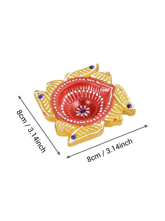 Tied Ribbons Set Of 4 Yellow & Red Printed Terracotta Diyas | Swadesiicart