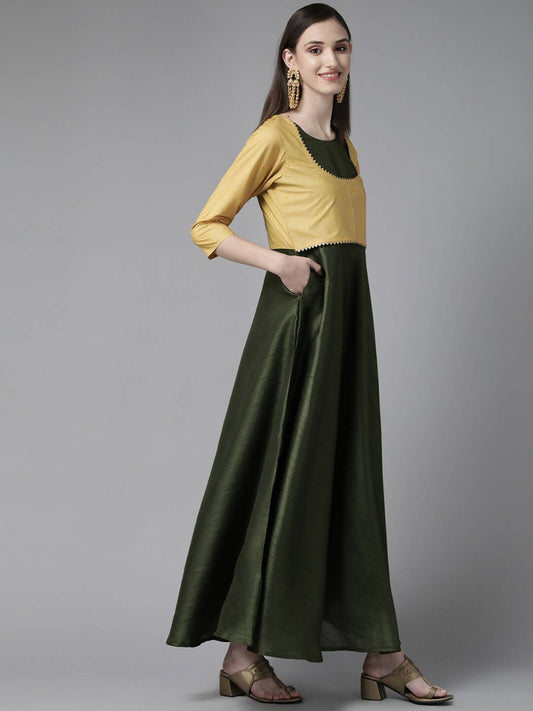 Ahalyaa Womens Olive Art Silk Solid Dress with Jacket | Swadesiicart