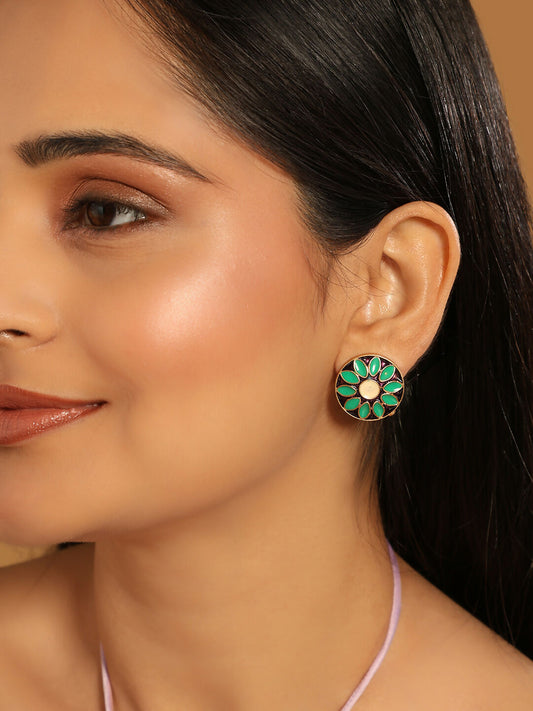 Nuyug 22K Gold Plated Circular Shaped Sea Green Enamelled Floral Motif Studs | Swadesiicart