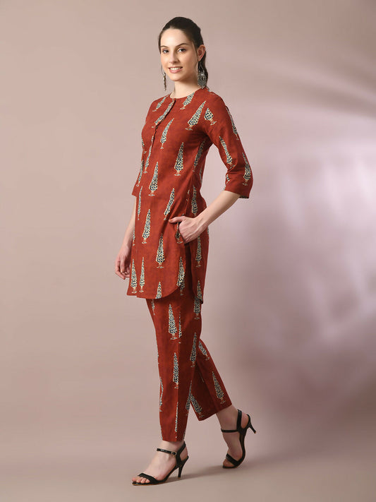 Myshka Women's Rust Printed Cotton Round Neck Party Tunic With Trousers Co-ord set - Swadesiicart