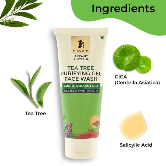 Pilgrim Australian Gel Face wash Purifying with Tea Tree, 1% Salicylic acid & CICA For Oily Skin, Acne And Pimples - Swadesiicart