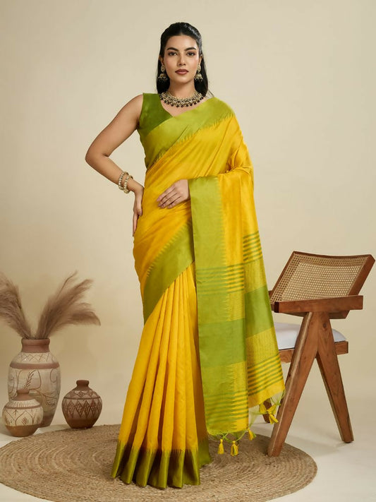 Vishnu Weaves Women's Yellow Raw Silk Thread Woven Saree with Blouse - Swadesiicart