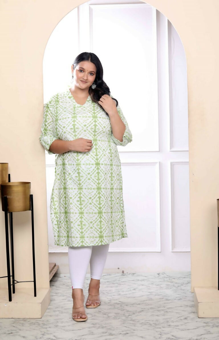 Miravan Women's Plus Size White And Green Tie Dye Cotton Kurti - Swadesiicart