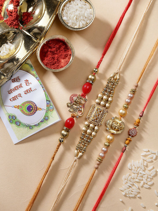 NVR Men Set of 4 Multicolor Stone-Studded Ganesh Rakhi With Roli Chawal | Swadesiicart