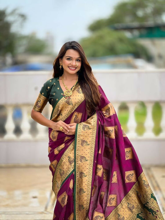 PR Fashion Wine Soft Banarasi Silk With Zari Weaving Meenakari Design Saree | Swadesiicart
