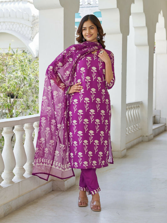 The52 Wine Women's Beautiful Cotton Blend Fabric Printed Work Straight Kurta, Pant and Dupatta Set - Swadesiicart