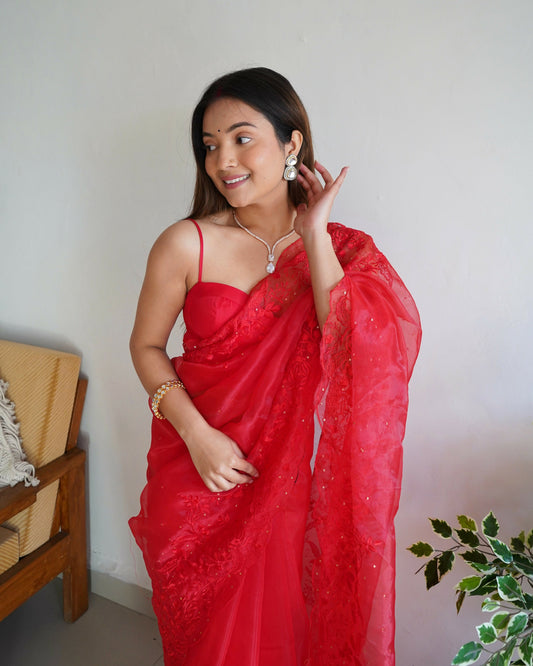 Vamsee Anushka Red Organza Saree - Swadesiicart