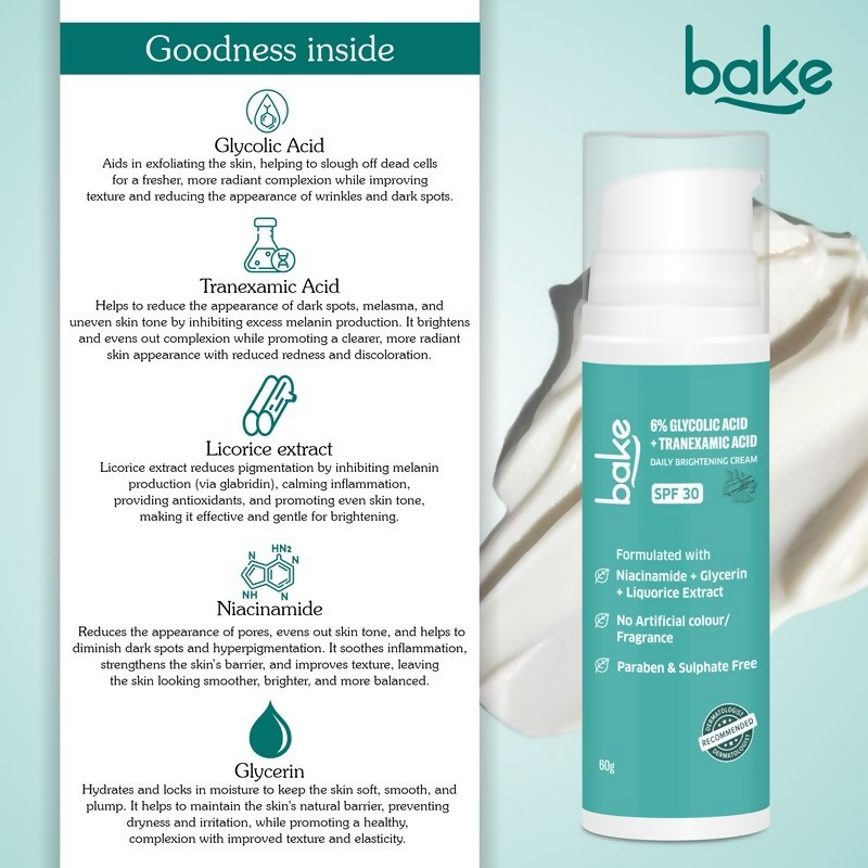 Bake 6% Glycolic + Tranexamic Acid Cream Spf 30 Pa+++ For Pigmentation & Daily Brightening Cream | Swadesiicart