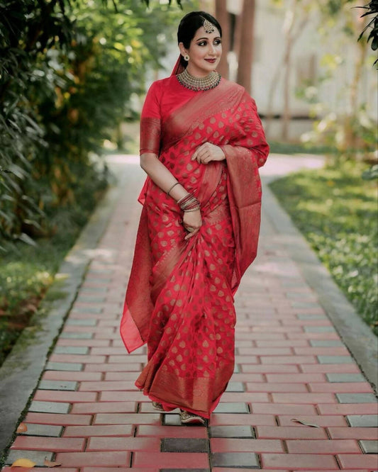 DEIANA'S Beautiful Designer Golden zari Soft Lichi Silk Saree - Pink - Swadesiicart