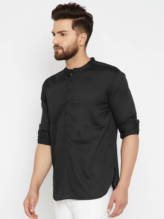 Even Apparels Black Pure Cotton Men's Kurta With Band Collar | Swadesiicart