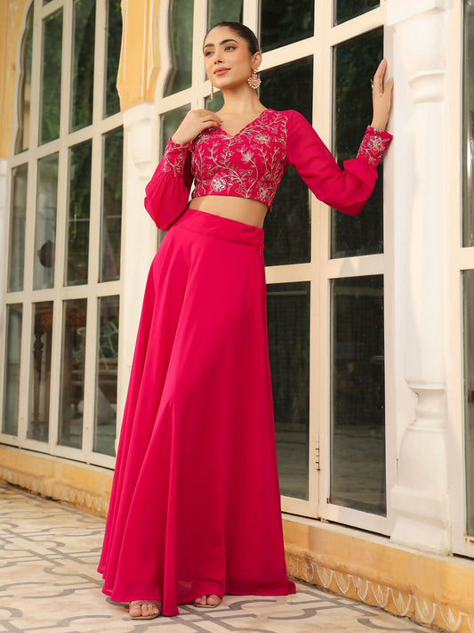 Janasya Pink Georgette Embroidered Top & Skirt | Swadesiicart