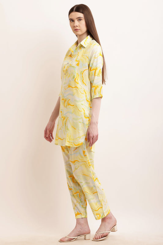 PAVONINE Yellow Color Ted-Dye Printed Cord Set For Women - Swadesiicart