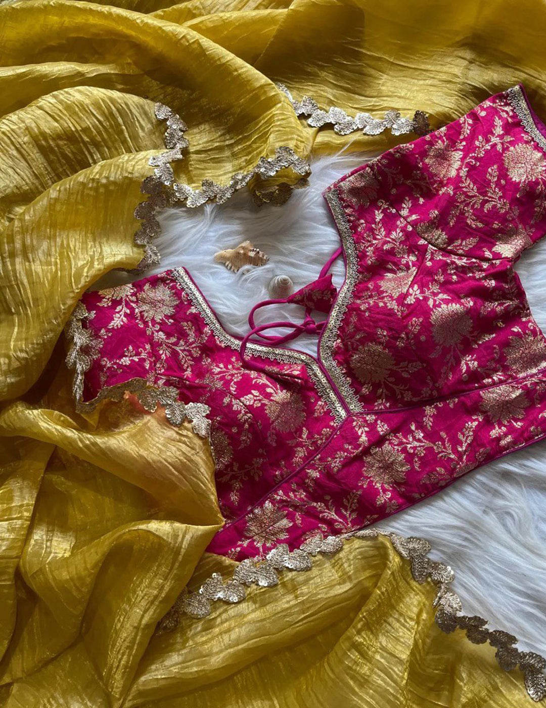 Lorenvalley Fashion Premium Yellow Rani Tissue Crush Saree with Jacquard Weaving Stitched Blouse - Swadesiicart