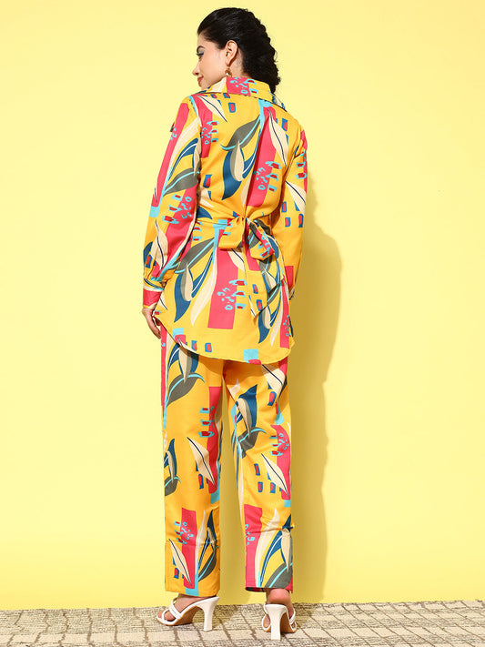 Yufta Yellow and Pink Printed Satin Co-Ords - Swadesiicart