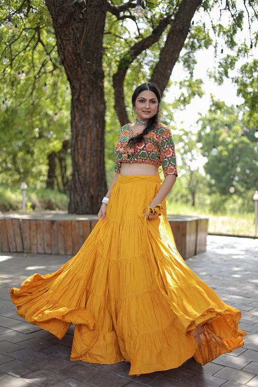 Lorenvalley Yellow Premium Rayon Lehenga with Georgette Embroidered Traditional Thread work Choli | Swadesiicart