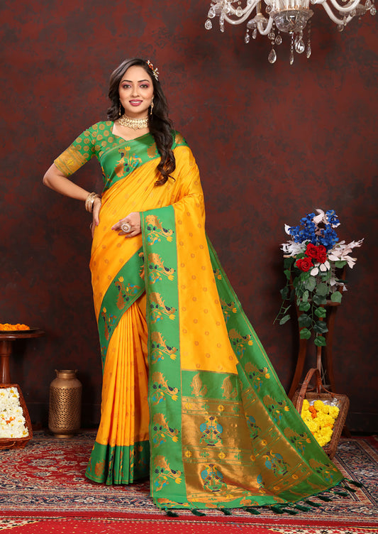 Lorenvalley Fashion Yellow Soft Paithani Silk Woven Design Rich Zari Meenakari Weaving Saree - Swadesiicart