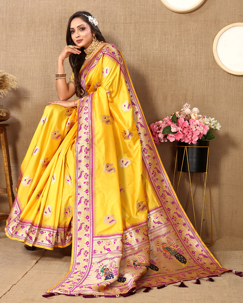Lorenvalley Fashion Yellow Soft Paithani Silk Woven Design Rich Meenakari Zari Weaving Pallu Saree - Swadesiicart