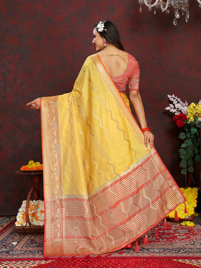 Lorenvalley Fashion Yellow Soft Katan Silk Woven Design Zari Weaving Pallu Saree - Swadesiicart