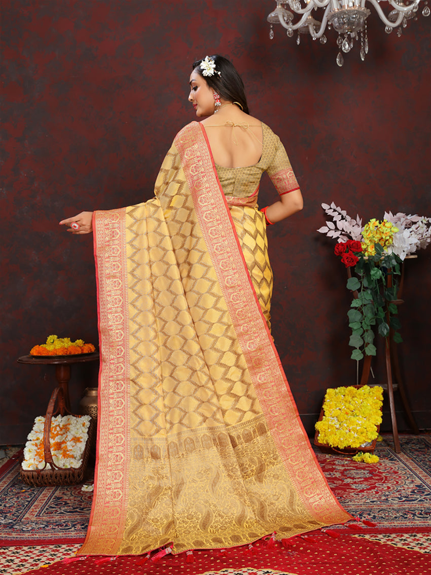 Lorenvalley Fashion Yellow Soft Katan Silk Woven Design Rich Zari Weaving Pallu Saree - Swadesiicart