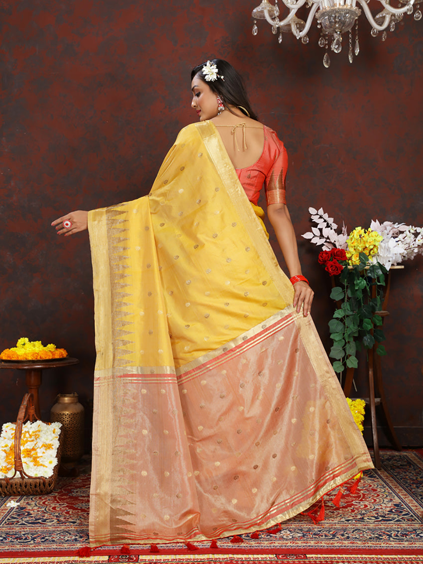 Lorenvalley Fashion Yellow Soft Katan Silk Woven Design Zari Weaving Pallu Saree - Swadesiicart