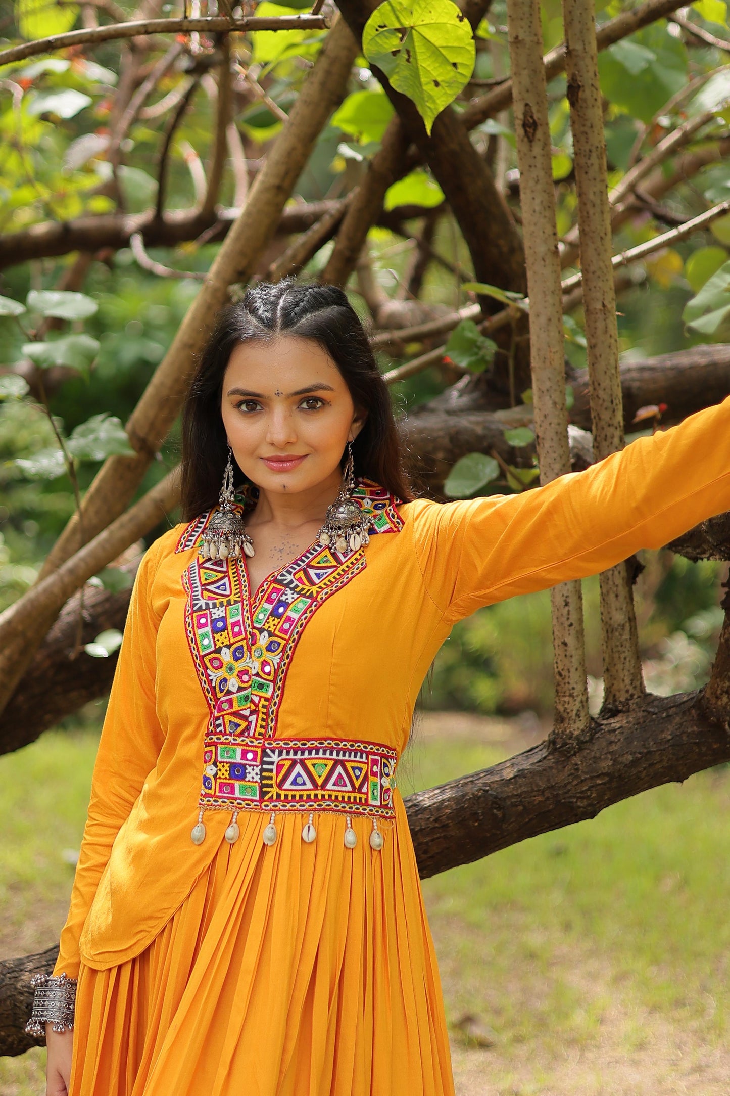 Lorenvalley Yellow Rayon Fabric With Kutchi Gamthi Work Gown | Swadesiicart