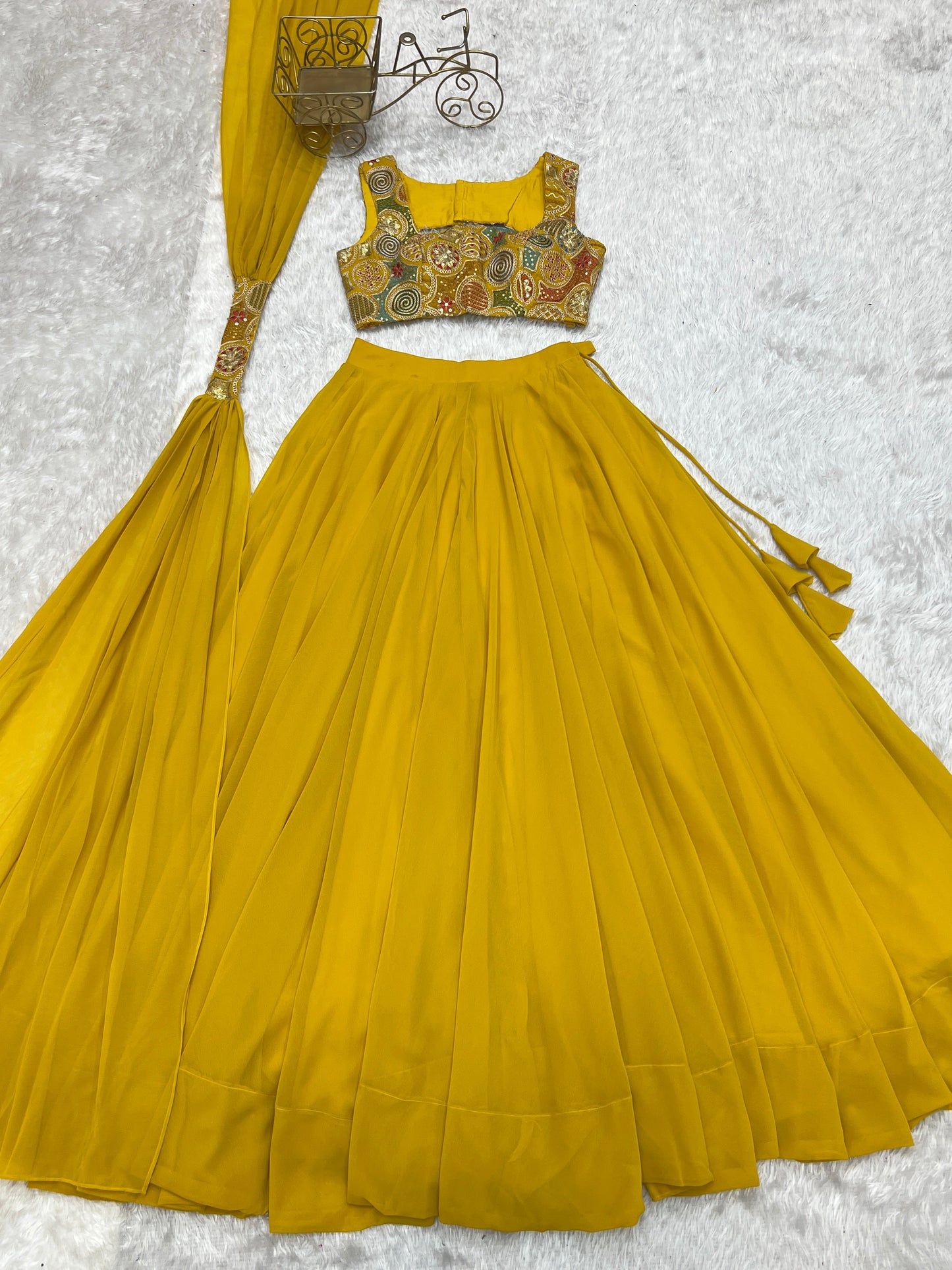 Lorenvalley Yellow Faux Georgette Stitched Lehenga Embroidery Blouse with Dupatta | Swadesiicart