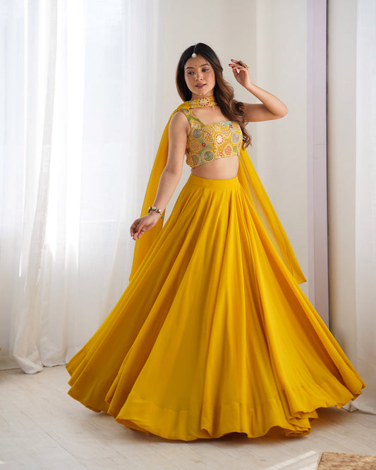Lorenvalley Yellow Faux Georgette Stitched Lehenga Embroidery Blouse with Dupatta | Swadesiicart