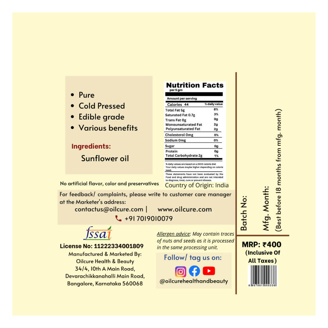 Oilcure Virgin Sunflower Oil - Swadesiicart