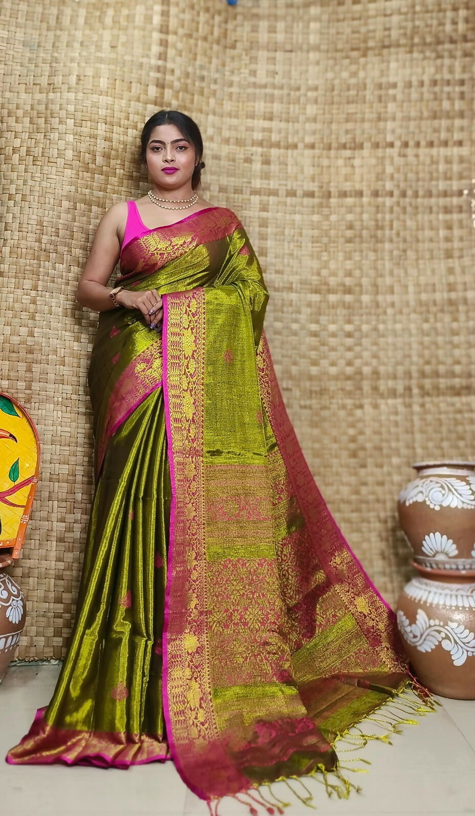 Exclusive Collection Olive Pink Beautiful Tissue Benarasi Saree - Swadesiicart