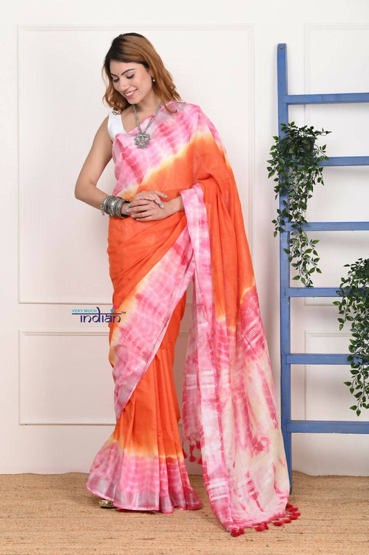 Very Much Indian Handmade Tie And Dye Cotton Saree By Women Weavers - Orange Pink | Swadesiicart