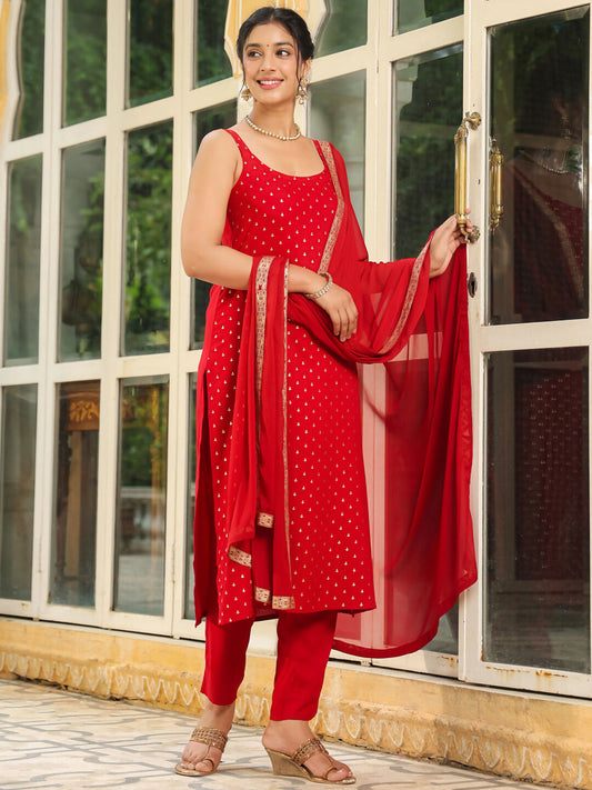 Janasya Maroon Rayon Foil Print Kurta,Bottom & Dupatta | Swadesiicart