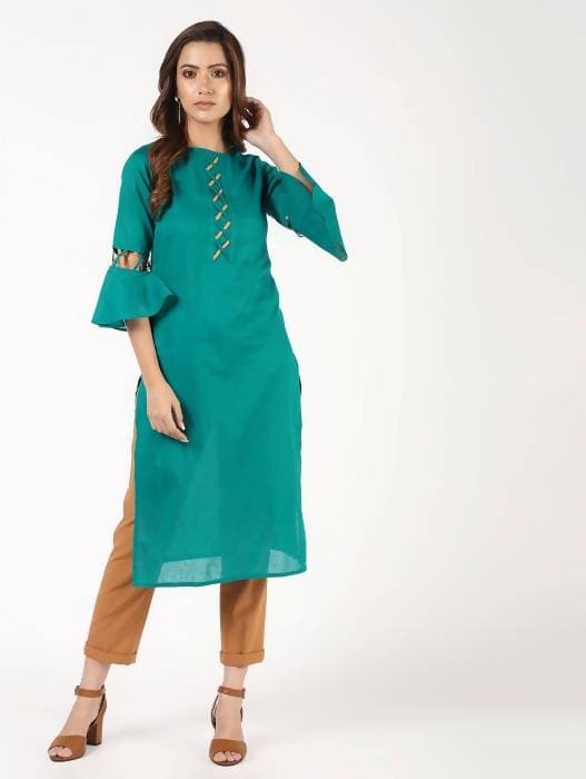 Aniyah Cotton Criss Cross Bell Sleeves Blue Straight Kurta (AN-143K) - Swadesiicart
