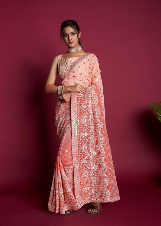 Vamsee Peach & White Georgette Designer Saree - Swadesiicart