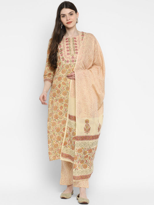 NOZ2TOZ Women Cream Cotton Kurta with Pant & Dupatta (3pcs Set) - Noz2Toz