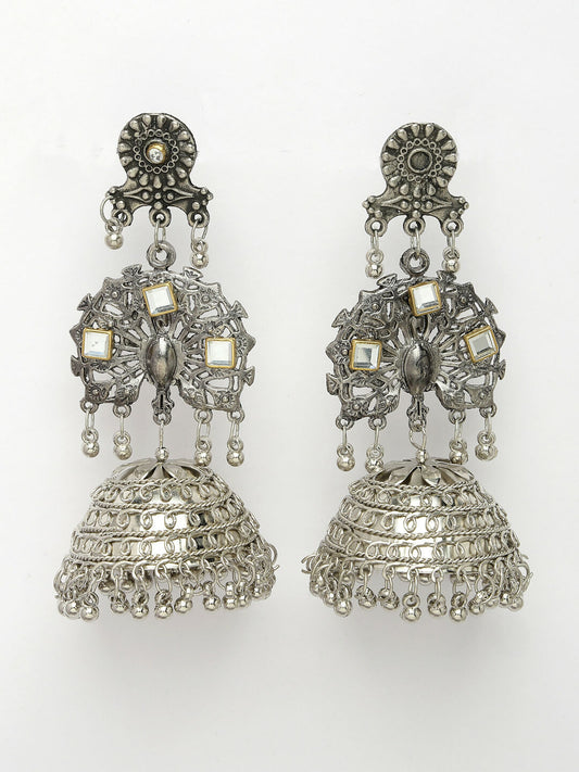 NVR Women's Silver Plated Mirror Work Oxidised Contemporary Jhumka Earrings | Swadesiicart