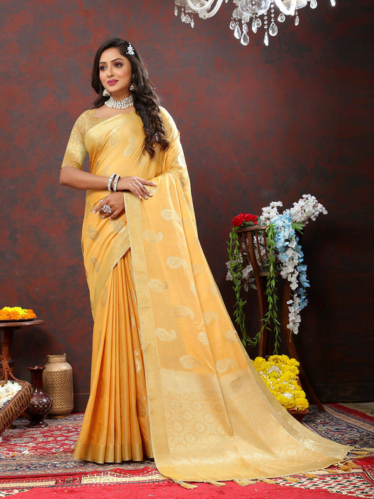 Lorenvalley Fashion Gold Cotton Woven Design with Zari Weaving Design Saree - Swadesiicart