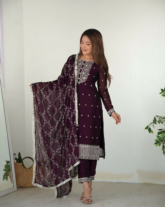 Joban Fashion Wine Kurta Set Silk Sequence Embroidery Work - Swadesiicart