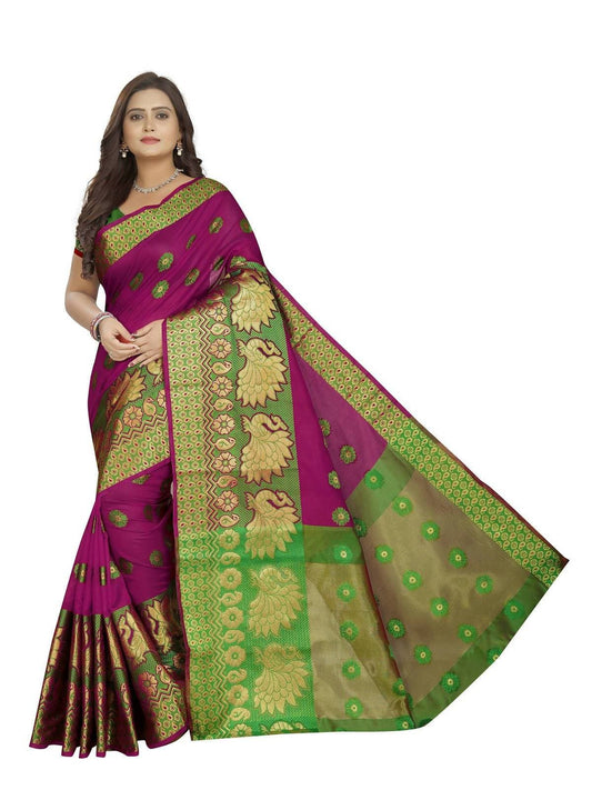 Vamika Banarasi Cotton Silk Pink Weaving Saree | Swadesiicart