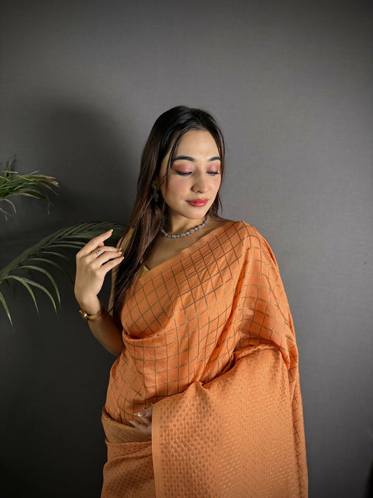 Joban Fashion Orange Banarasi Soft Lichi Silk Checks & Woven Saree | Swadesiicart