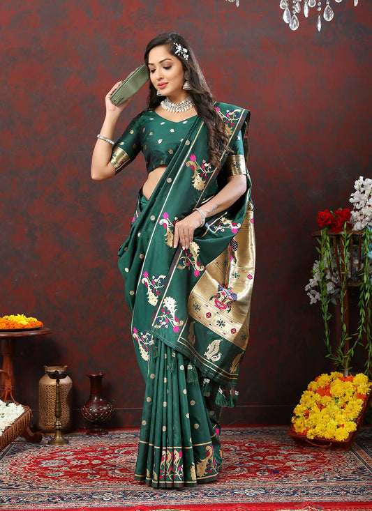 Lorenvalley Fashion Green Soft Paithani Silk Woven Design Gold Zari Meenakari Weaving Saree - Swadesiicart