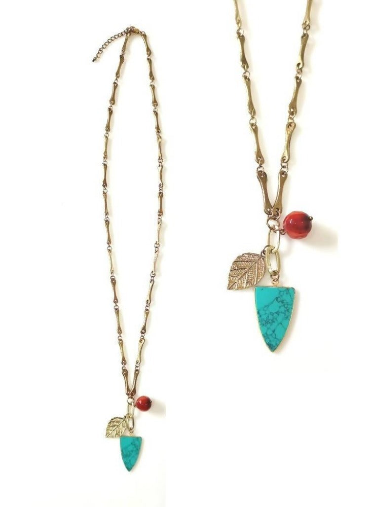 Bling Accessories Antique Brass Finish Leaf Turquoise & Coral Semi Precious Charm Metal Long Chain Necklace | Swadesiicart