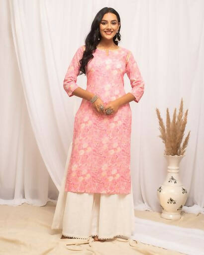 FIORRA Women's Floral Printed Peach Cotton Straight Kurta - Swadesiicart