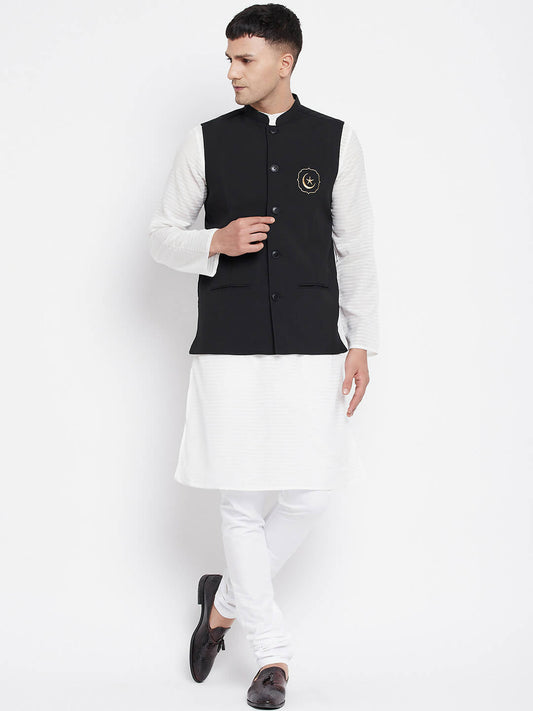 Even Apparels Black Pure Cotton White Kurta Sets With Eid Insignia Jackets PW668 | Swadesiicart