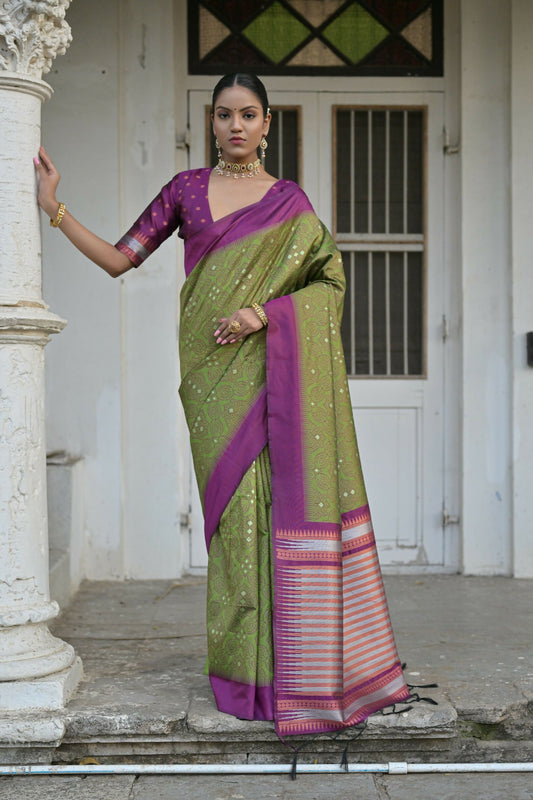 Vishnu Weaves Women's Mahendi Raw Silk Saree with Blouse - Swadesiicart