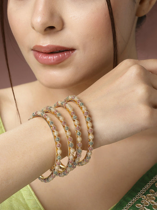 NVR Women's Set of 4 Gold-Polished Beads Handcrafted Traditional Bangles - Swadesiicart