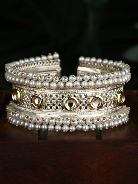 Joban Fashion Women White Beads Style Silver Tone Bangle | Swadesiicart