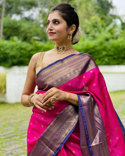 DEIANA'S Beautiful Designer Golden zari Soft Lichi Silk Saree - Pink - Swadesiicart
